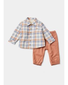 Baby Blue Check Shirt Jacket & Brown Cord Trousers Set (Newborn-23Mths)