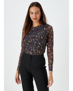 Et Vous Black Animal Print Mesh Long Sleeve Top