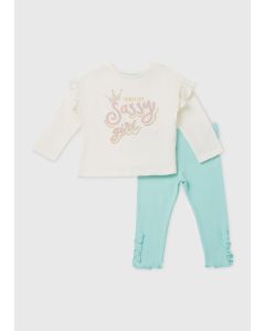 Girls Cream & Mint Sassy T-Shirt & Leggings Set (9Mths-6Yrs)