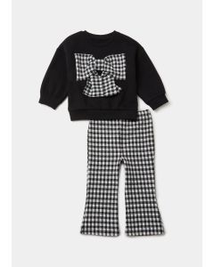 Girls Monochrome Dogtooth Bow Sweatshirt & Flared Leggings Set (9Mths-6Yrs)