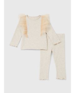 Girls Oatmeal Ribbed Mesh Top & Leggings Set (9Mths-6Yrs)