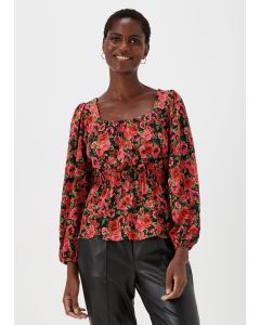 Black Rose Print Shirred Long Sleeve Top