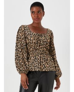 Brown Animal Print Shirred Top