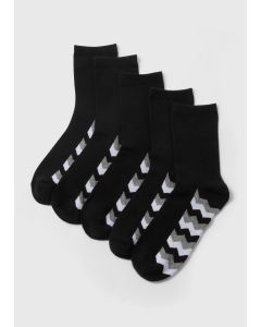 5 Pack Black Chevron Print Footbed Crew Socks-Black/White-One Size