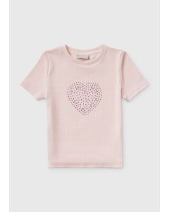 Girls Pink Heart Rhinestone Ribbed T-Shirt (4-13Yrs)