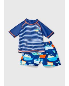 Boys Navy Boat Print Rash Vest & Swim Short Set (1-7Yrs)