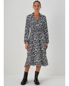  Zebra Print Long Sleeve Crinkle Midi Dress