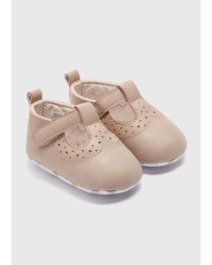 Baby Taupe Brogue T Bar Soft Sole Shoes