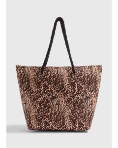 Leopard Print Canvas Beach Bag-Brown-One Size