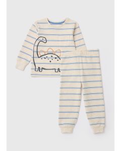 Boys Oatmeal Dino Stripe Waffle Pyjama Set