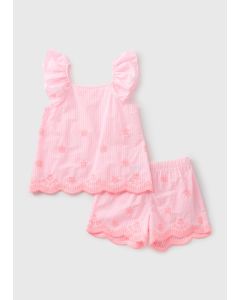 Girls Frill Stripe Broderie Pyjama Set