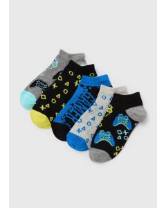 Boys 5 Pack Multicolour Gamer Trainer Socks