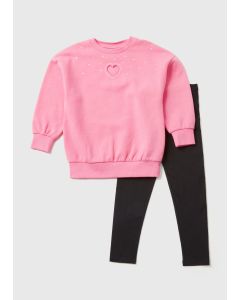 Girls Pink Organza Sweatshirt & Black Leggings Set