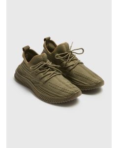 Khaki Knit Lace Up Running Shoes