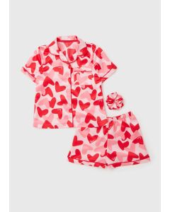 Girls Satin Hearts Shorts Pyjama Set