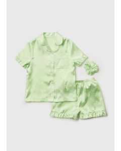 Girls Lime Jacquard Butterfly Satin Shorts Pyjama Set