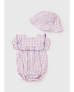 Girls Crinkle Gingham Romper & Hat