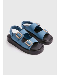 Denim Double Buckle Chunky Sandals