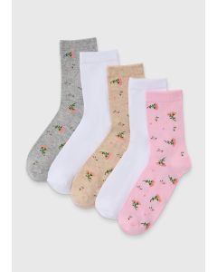 5 Pack Crew Floral Socks-Cream-One Size