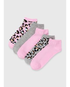 5 Pack & Animal Print Trainer Socks-Pink-One Size