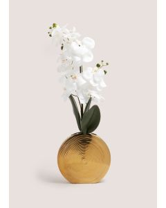 Faux Orchid In Circular Gold Vase (35cm x 26cm x 74cm)-White