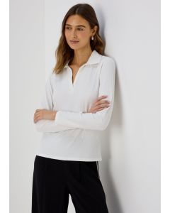 Et Vous Ivory Long Sleeve Collar V Neck T-Shirt