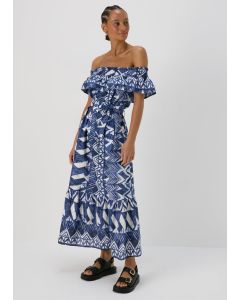 Papaya Petite Aztec Print Bardot Cotton Midi Dress