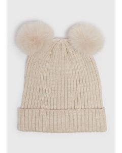 Girls Oatmeal Double Pom Pom Beanie