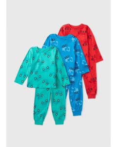 3 Pack Boys Transport Pyjama Top & Bottoms Set