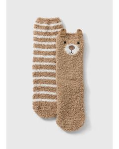 2 Pack Cosy Bear Socks-Beige-One Size