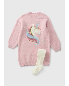 Girls Knitted Unicorn Dress & Tights