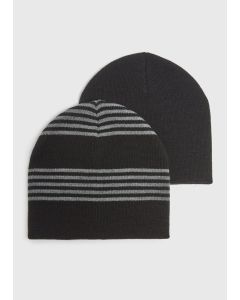 2 Pack Stripe Beanies-Black/Grey-One Size