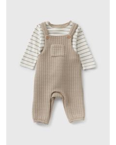 Baby Beige Stripe Top & Quilted Dungaree Set