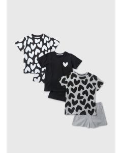 3 Pack Girls Monochrome Heart Top & Shorts Pyjama Set