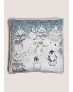 Printed Polar Bear & Penguin Cushion-Grey-One Size