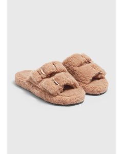 Taupe Double Buckle Borg Slippers