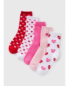 5 Pack Heart Print Socks-Pink-One Size