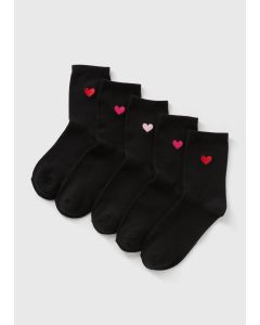 5 Pack EmbroideHeart Socks-Black-One Size