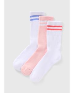 3 Pack Stripe Sports Crew Socks-White-One Size