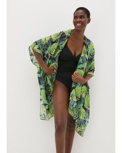 Tropical Leaf Print Kimono-Navy-One Size