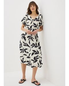 Monochrome Leaf Puff Sleeve Midi Tea Dress