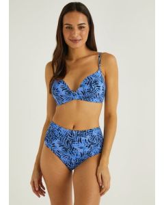 Blue Palm Print High Waisted Brazilian Bikini Bottoms