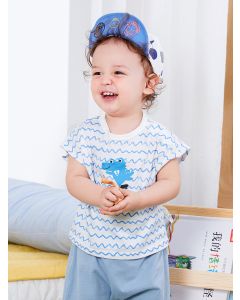 Baby Clothes Unisex  100% Con Horizontal Stripes Round V-Neck Short-Sleeved T-Shirt - Blue hue - 9-12M