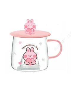 Cartoon Series High Borosilicate Glass Cup with Lid (300mL)(Rabbit)