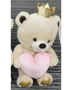 8in. Holding-Heart Crowned Little Bear Plush Toy(Pink Heart)-White