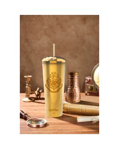 Harry Potter Electroplated Double Wall Plastic Bottle with Straw (800mL)-Gold