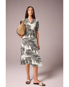 Monochrome Leaf Belted Midi Tea Dress