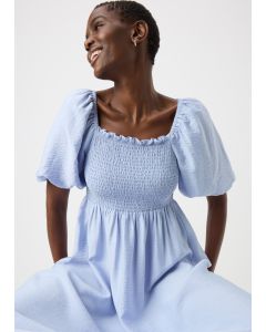 Light Shirred Puff Sleeve Midi Dress