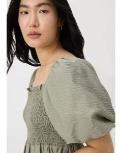 Sage Shirred Puff Sleeve Midi Dress