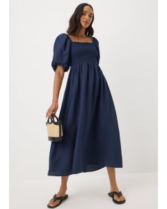  Shirred Puff Sleeve Midi Dress